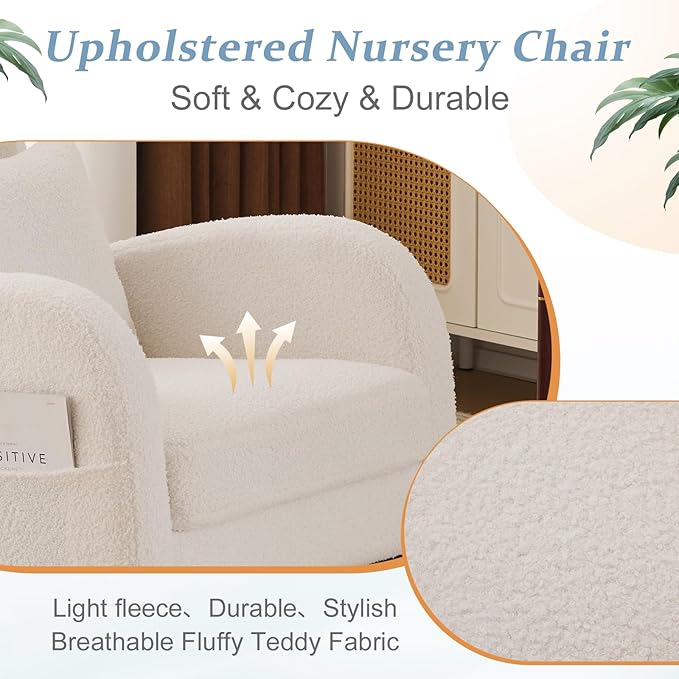 VINGLI Teddy Fleece Low Seat Rocking ChairBoucle Upholstered Nursery Glider Chair with Side PocketsAccent Arm Chair with High BackrestComfy Head RestSolid Woodfor Living Room BedroomBeige