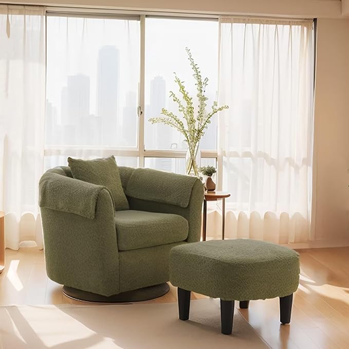 Green Swivel Accent Chair with Ottoman 360° Barrel Chairs with Foot Stool Comfy Reading Chair with Removable Pillow &amp 2 Armrest Covers for Living Room Small Spaces Bedroom Chenille Fabric (Gree
