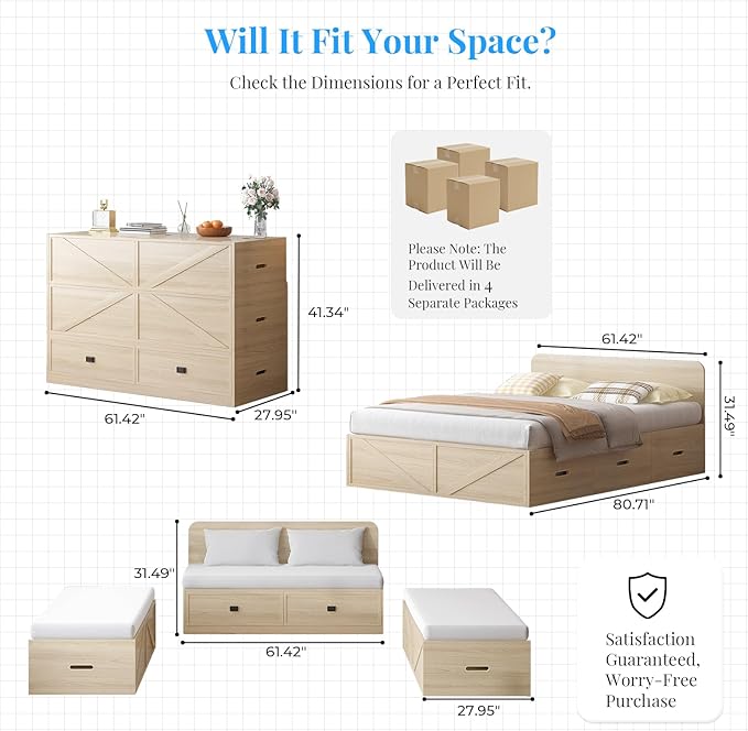PUREMIND Murphy Bed Queen with Mattress Included Wood Cabinet Bed with Dual Storage Drawers &amp 2 Pillows 3-in-1 Convertible Sofa Beds for Small Space Guest Room Home Office Natural