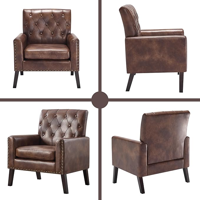 Mid Century Modern Accent Chair Dark Brown Faux Leather Office Chair for Reception - Tufted Leather Club Chair for Living Room Bedroom or Waiting Room