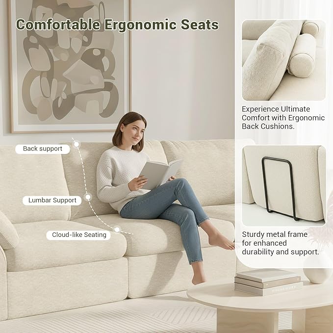 108.3 Cloud Sectional Couch Comfy 3 Seater Boneless Couch No Assembly Required Couches for Living Room Deep Seat Modular Sectional Sofa (Plush Cream White)