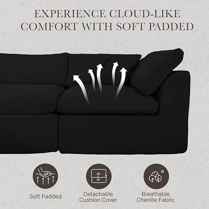 Cloud Modular Sectional Sofa Couch141” U-Shape Sofa with Wide Armrest Modern High-Density Sponge Compressed Couch for Living Room BedroomNo Assembly Needed (Black 4 Seats+ 2 Ottoman)