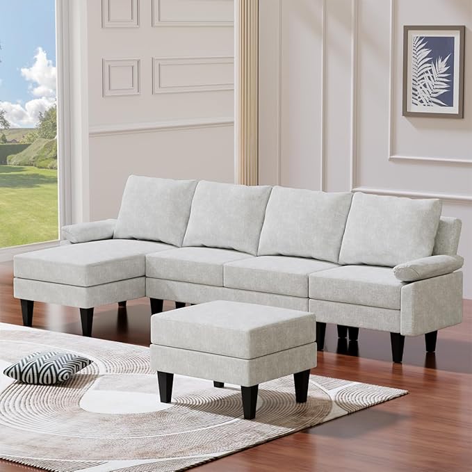 115 Inch Modular Sectional Sofa with Storage Ottoman Modern L-Shaped Sectional Couch with Chaise Chenille Couch for Living Room Apartment or Small Spaces Off-White