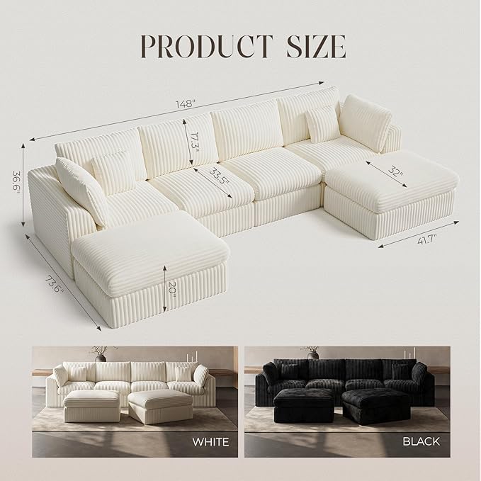 148” Cloud Sectional Couches Boneless Modular Sofa with Ottomans for Living Room Deep Seat Chenille Sectional Sofa for Apartment Warm White