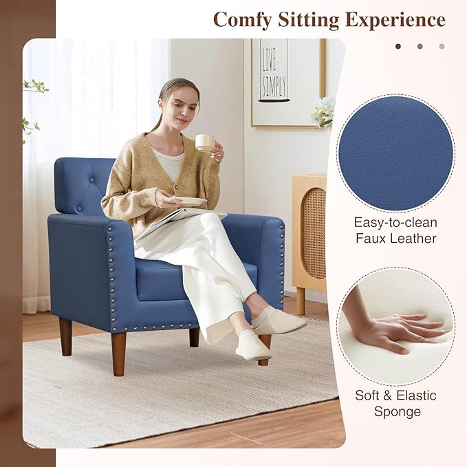 KOMFOTT Mid Century Modern Accent Chair Faux Leather Upholstered Armchair with Button Tufted Decoration &amp Rivets Rubber Wood Legs Soft Padded Seat Cushion Single Sofa for Living Room Home (Bl