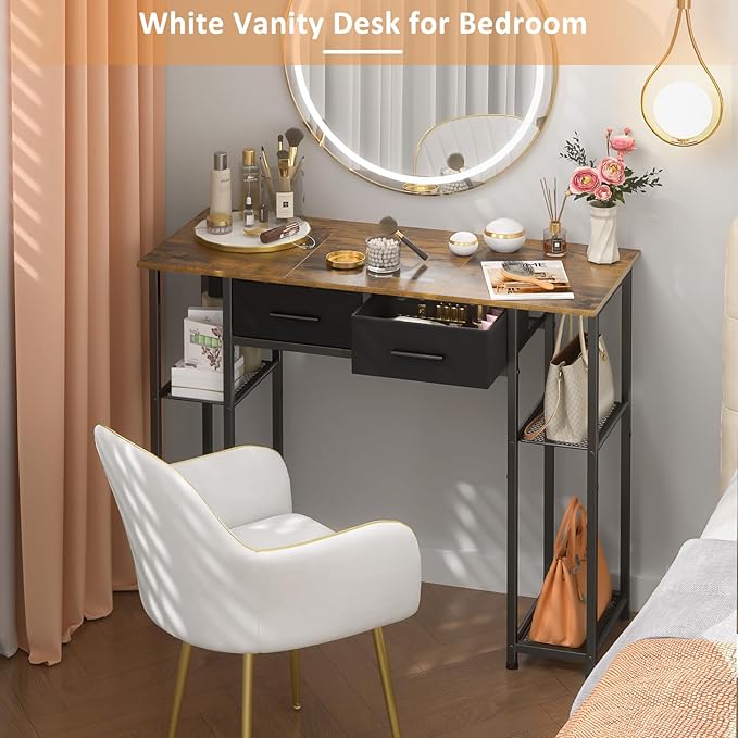 Computer Desk with Drawers 37.3 Inch Home Office Work Desk with Storage Shelf Kids Teens Study Table for Small Space Small Writing PC Table for Bedroom Makeup Vanity Desk Brown
