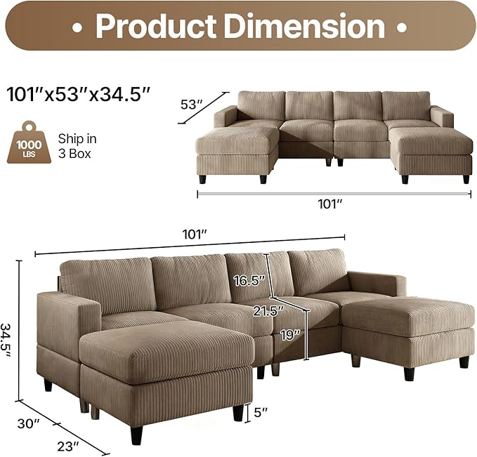 101 Inch Brown Corduroy Sectional Sofa U Shaped Sectional Sofa with 2Ottomans 6 Seater Convertible Corduroy Sofa Comfortable Living Room Couch (Camel 4 Seat with 2 Ottoman)