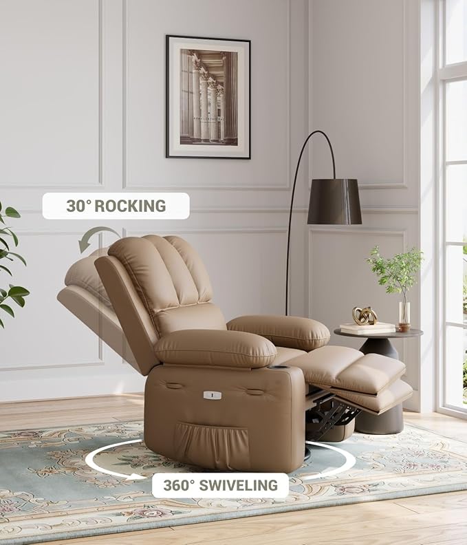 Power Recliner Chair for Adults with Massage and Heat Swivel Oversized Leather Recliner Chair with USB Ports &amp Side Pockets for Living Room (22 Medium-Seat WidthTan)