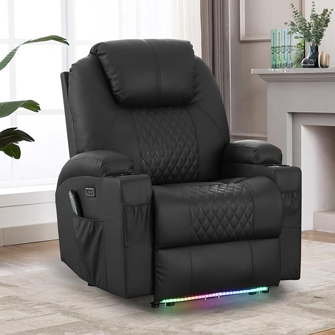 Power Recliner Chair with Heat and Massage for Adults - Home Theater Seating with LED LightsCup HoldersSide PocketUSB Port - Recliner Sofa for Living Room (Black Set of 2)