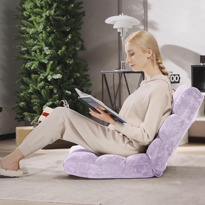 Giantex Floor Chair with Back Support 14 Adjustable Position Padded Sleeper Bed Couch Recliner Folding Gaming Floor Chairs for Adults Living Room Bedroom Yoga Meditation Light Purple