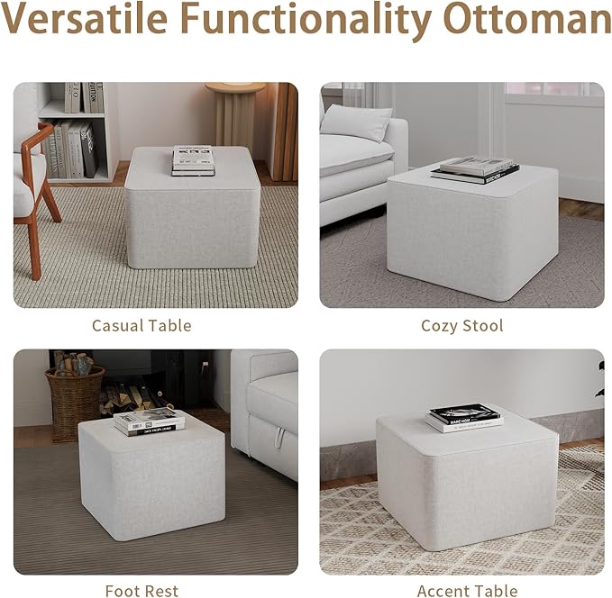 23.6'' Square Ottoman Chenille Foot Rest for Couch Sponge Filled Accent Ottomans for Living Room Office Bedroom - White