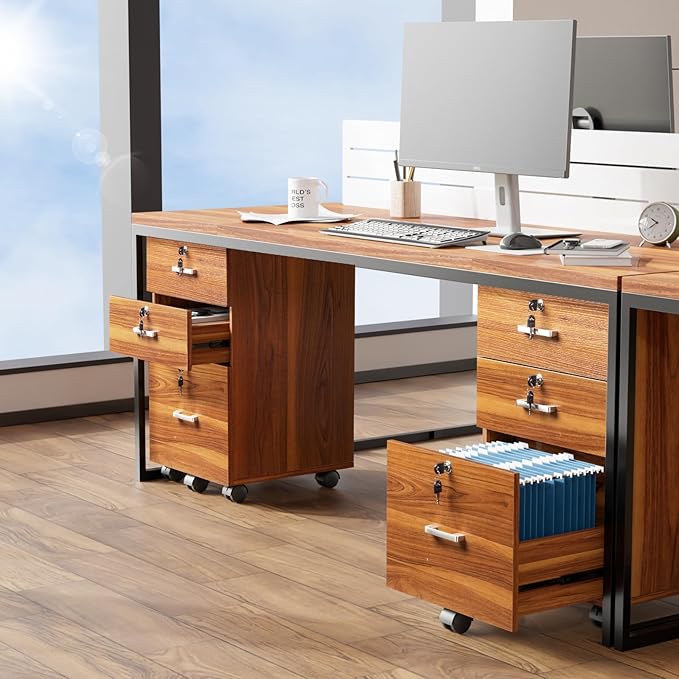 VINGLI 3-Drawer File Cabinet with Lock Wood Rolling Filing Cabinets for Home Office Mobile Printer Stand Under Desk File Organizer for Letter Sized Files 26 H(Caster Included) Walnut