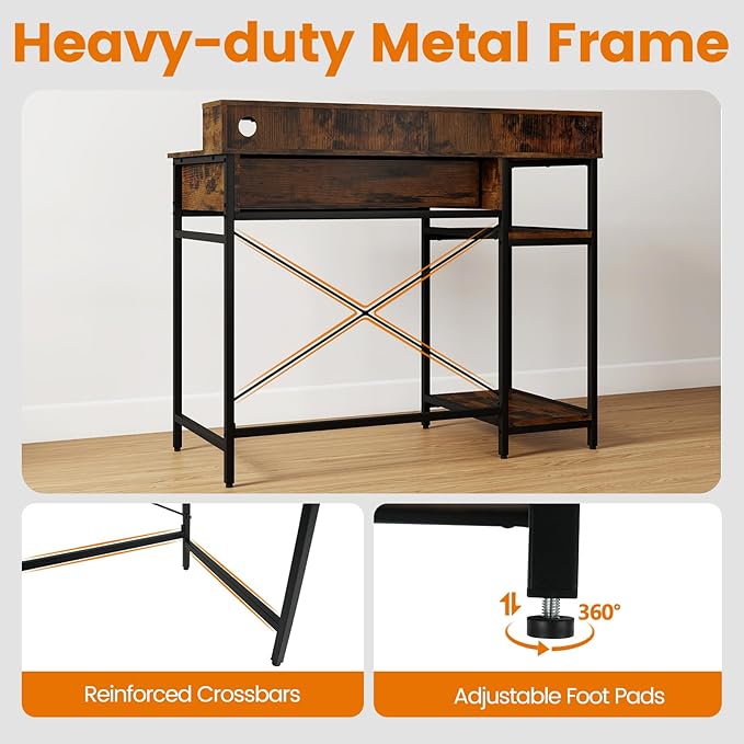 Giantex Computer Desk with Drawer 42 Small Computer Workstation w/Charging Station &amp Monitor Stand PC Laptop Desk with Storage Shelves Writing Desk for Small Space Home Office Rustic Brown