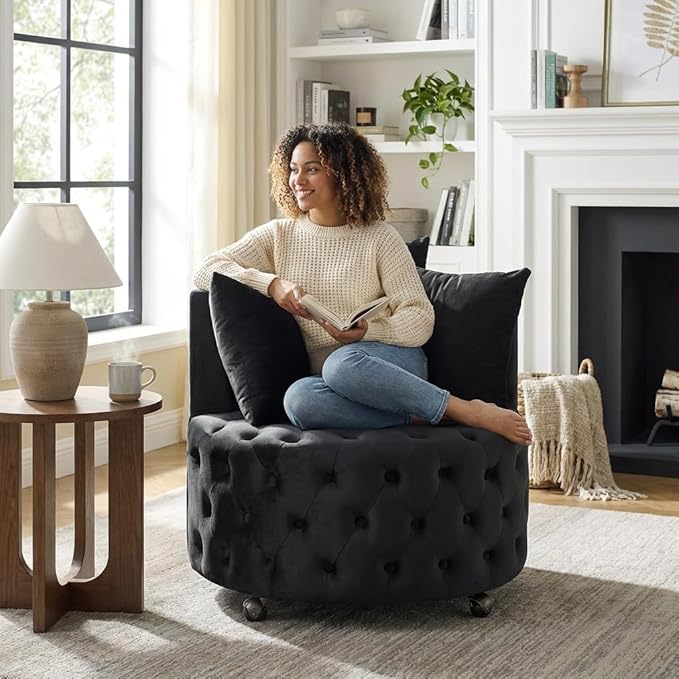 Velvet Upholstered Swivel Chair Velvet Swivel Chair for Living Room Button Tufted Velvet Upholstered Swivel Chair Design with Movable Wheels Includes 3 Decorative Pillows Black