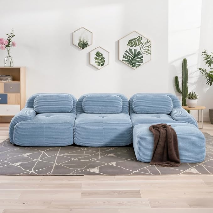 SoarFlash 117 Modern L-Shaped Modular Sectional Sofa for Living Room Corduroy Upholstery Oversized 3-Seater Couch with Deep Seat and Movable Ottoman-No Assembly Blue