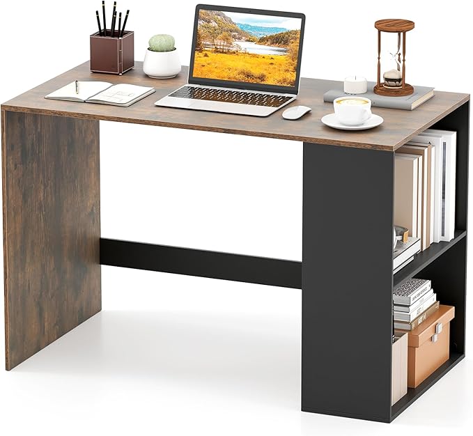 Giantex Small Desk with Bookshelf 44 Inch Modern Computer Desk for Small Spaces Laptop PC Desk Vanity Table for Bedroom Study Writing Desk for Home Office (Black+Rustic Brown)