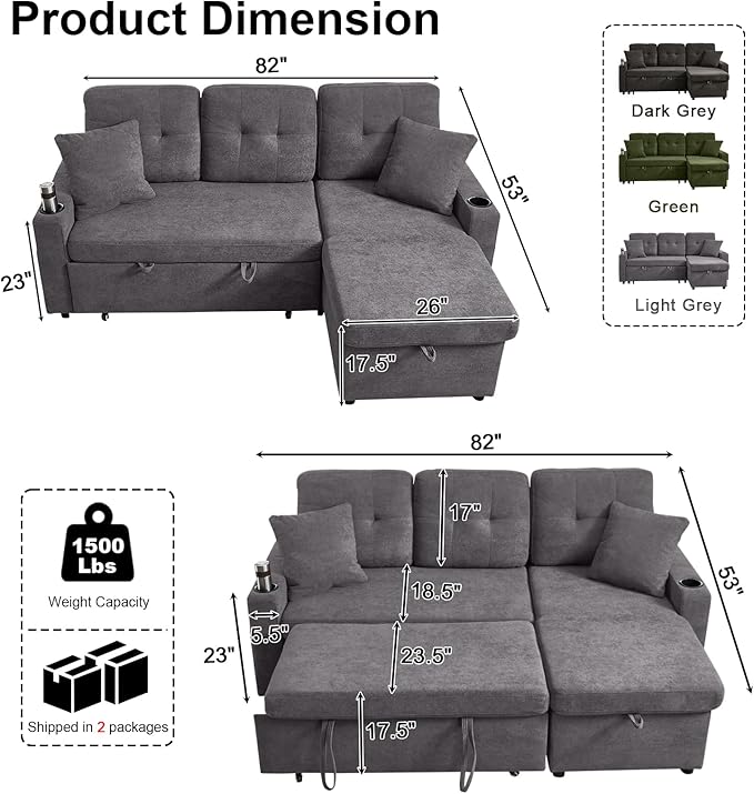 82 L Shaped Sleeper Sofa Bed: Sectional Sleeper Couch with Pull Out Bed Storage Chaise USB Charging &amp Cup Holder 3 Seat Sectional Sofa Bed with Throw Pillow (Terry Cloth - Grey)