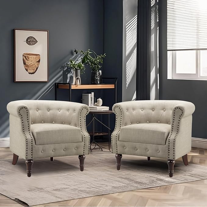 Comfy Fabric Barrel Chair Armchair with Soft Padded Classical Club Chair with Thicken Cushion Upholstered Tub Chair Reading Chair for Living Room Bedroom Waiting Room Office Beige