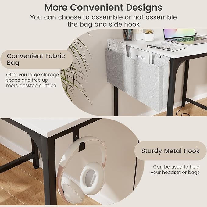 COSTWAY Home Office Desk 32 Inch Computer Desk with Recessed Power Strip Storage Bag &amp Headphone Hook Wide Desktop Modern Computer Workstation Writing Table for Home Office (White + Black)