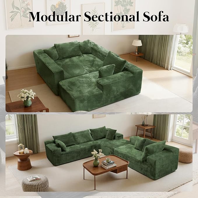 135'' Boneless Couches for Living Room Oversized V-Shaped 6-Seat Faux Fur Convertible Modular Sectional Cloud Sofa 4-in-1 Flexible Combination Deep Seat Corner Large Couch No Assembly Green