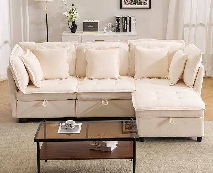 103 Modular Sectional Sofa L-Shaped Corduroy Comfy Sectional Couches for Living Room 3-Seater Cloud Couches with 1 Ottoman Modern Deep Seat Sofa with Large Storage Beige