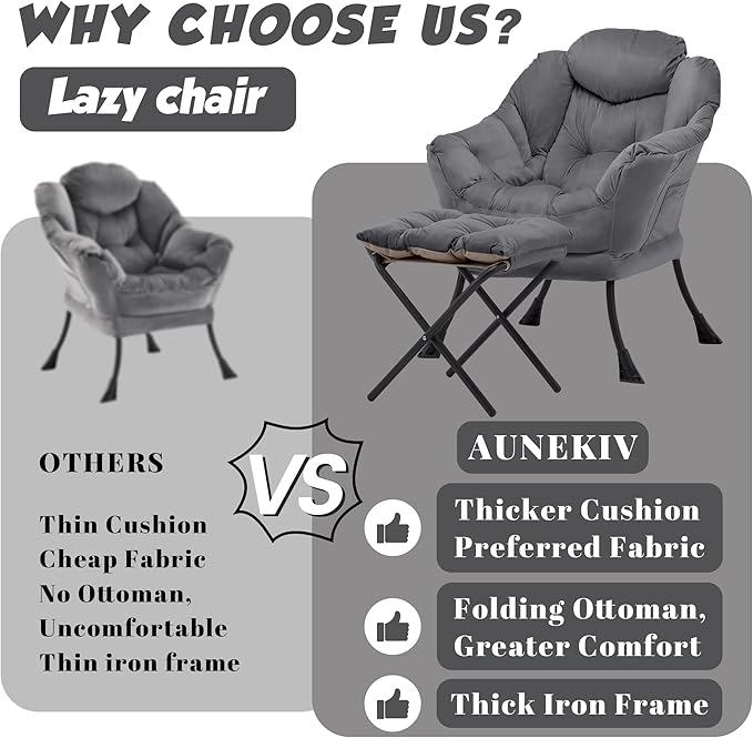 Lazy Chair with Ottoman Comfy Accent Lounge Chair with Side Pocket Modern Reading Armchair with Footrest Upholstered Sofa Chair for Small Spaces Bedroom Living Room Dorm Darkgrey