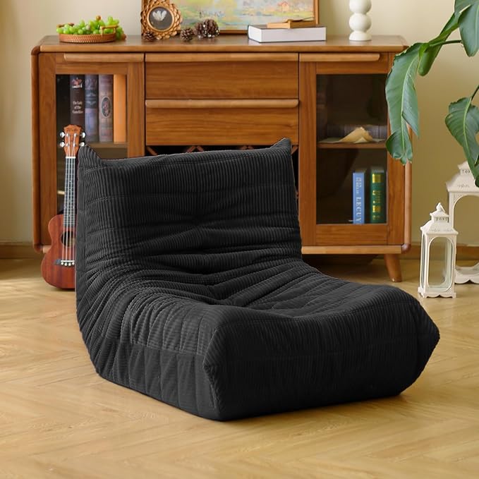 N&ampV Fireside Floor Sofa- Mid-Century Modern Armless Lounge Chair with Premium Soft Corduroy Fabric Plush Foam Cushion Accent Chair for Living Room Bedroom &amp Office (Black)