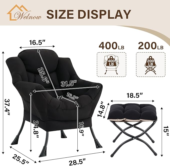 Welnow Lazy Chair with Ottoman Modern Accent Chair with Armrests and a Side Pocket Leisure Sofa Armchair Set Reading Armchair with Footrest for Small Space Black