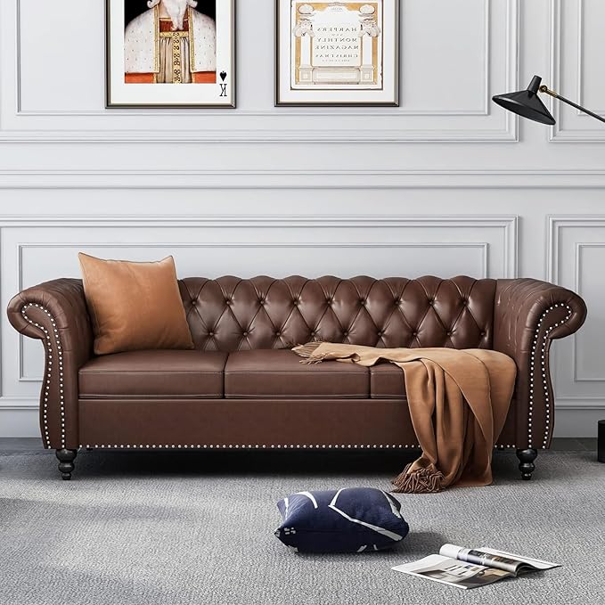 AVZEAR Chesterfield Leather Sofa 3 Seater Couch Mid-Century Large Sofa Roll Arm Classic Tufted Settee Modern PU Sofa with Channel Tufted Seat Back for Living Room Office Apartment PU Brown