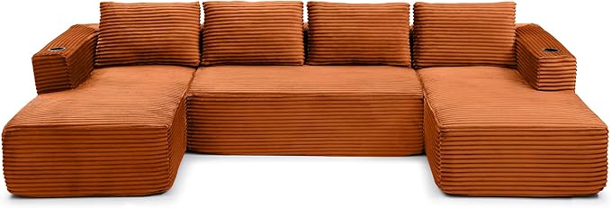 132” Oversized Modular Sectional Sofa Modern Comfy Corduroy U Shaped Couch with Cup Holders Boneless Compressed Memory Foam Cloud Couch for Living Room Office No Assembly Requiredm Orange