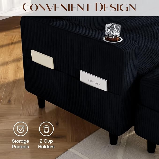 Convertible Sectional Couches for Living Room Modern Corduroy Couch Small Sofas for Small Space Apartment Office 3 Seats L Shaped Sofa with Storage Ottoman and 2 Cup Holders Black
