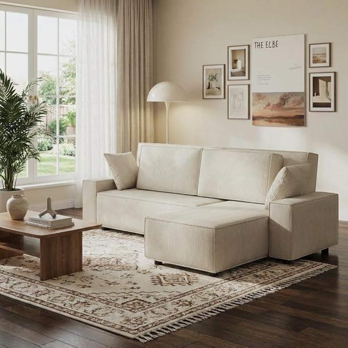 GAOMON Fine Stripe Corduroy Sectional Sofa l Shaped Modern Corduroy Couch Comfy Sofa Couch with Deep Chaise for Living Room Apartment Hotel 96 w*61 d*32 h Beige