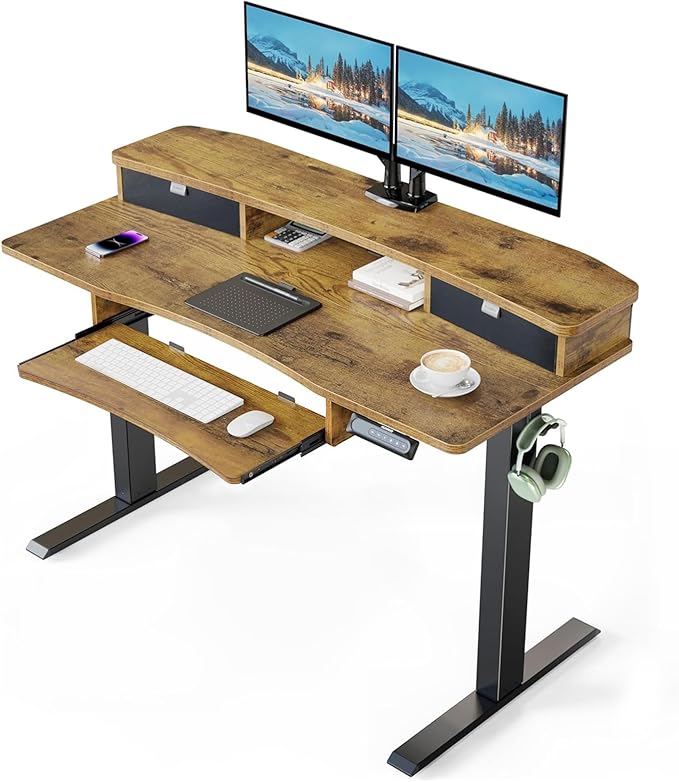 HUANUO 48 x 26 Electric Standing Desk with 2 Drawers &amp 26.7 Large Keyboard Tray C-Clamp Mount Compatible Adjustable Computer Desk for Home Office Stand Up Desk with 4 Height Presets Vintage