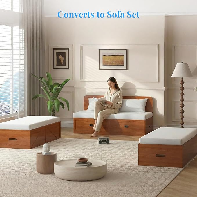 PUREMIND Murphy Bed Full with Mattress Included Wood Cabinet Bed with Dual Storage Drawers &amp 2 Pillows 3-in-1 Convertible Sofa Beds for Small Space Guest Room Home Office Cherry