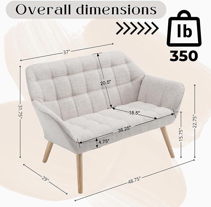 Loveseat Sofa 48 inch Love Seat for Living Room Comfy Linen Small Couch with Wood Legs for Bedroom Small Space Apartment Office Beige