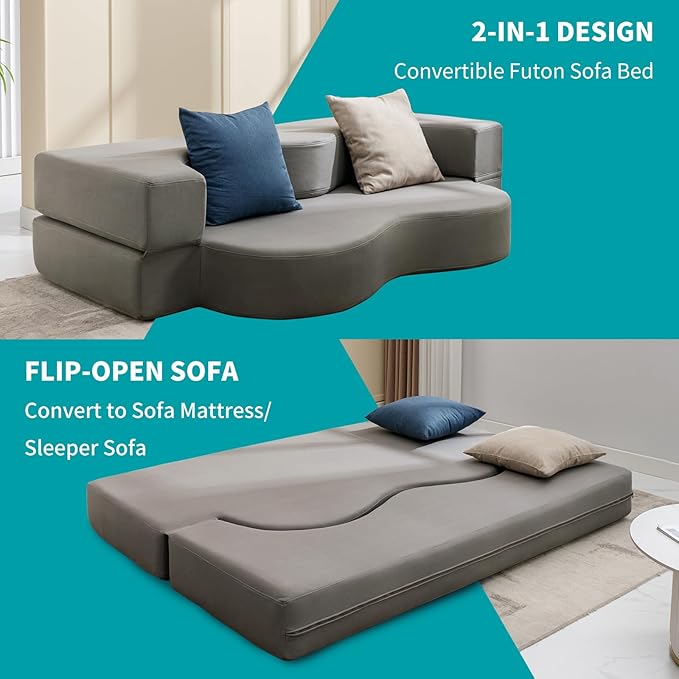 Mjkone Full Size Folding Sofa Bed Fold Out Futon Sofa Bed Foldable Floor Couch Bed with Memory Foam Convertible Sleeper Couch Beds Stylish Lazy Sofa Beds for Living Room Guest Room Light Gray