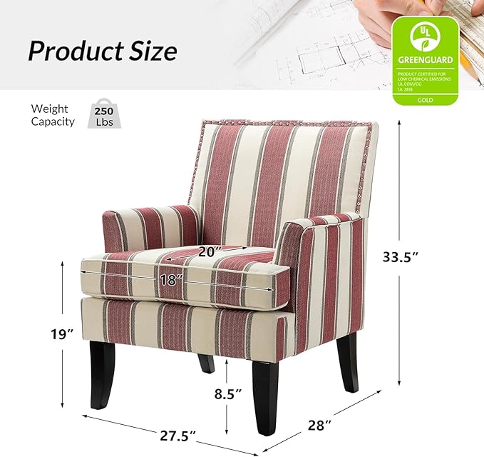 HULALA HOME Modern Accent Chairs Set of 2 Farmhouse High Back Striped Chairs with Wooden Legs &amp Nail Head Trim Comfy Upholstered Armchairs for Living Room/Bedroom (Stripe Red)