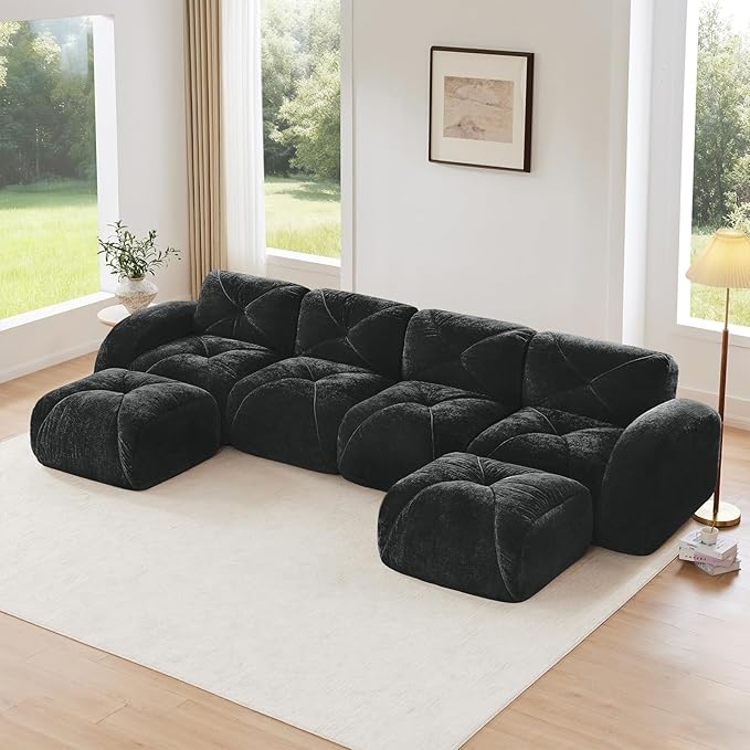 140.9'' Modular U Shaped Sectional Couches for Living Room Modern Velvet Cozy Boneless Sofa with 2 Ottoman No Assembly Required Comfy Couch Black Cloud Boneless Couch in a Box Sofas para Sala