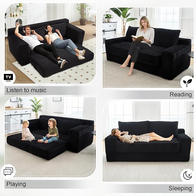 GNIXUU 71 Corduroy Cloud Loveseat Sofa 2 in 1 Convertible Black Boneless Sleeper Sofa with Fixed-Shape Frame Comfy Folding Love Seat Couches for Living Room Apartment Small Spaces