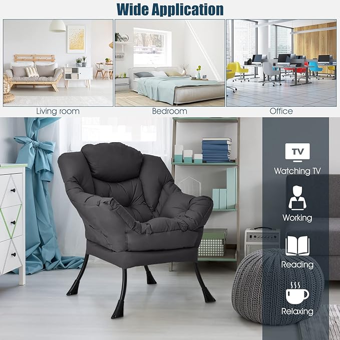 DORTALA Modern Lazy Chair Single Sofa Chair w/Side Pocket and Armrests Soft Upholstered Modern Leisure Chairs Suitable for Living Room Bedroom Grey