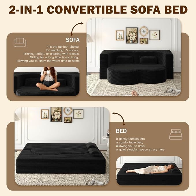 Modern 2-in-1 Convertible Sofa Bed 78 Full Size Corduroy Floor Sofa with 2 Pillows Folding Mattress Sleeper for Living Room &amp Guest Room No Assembly Required