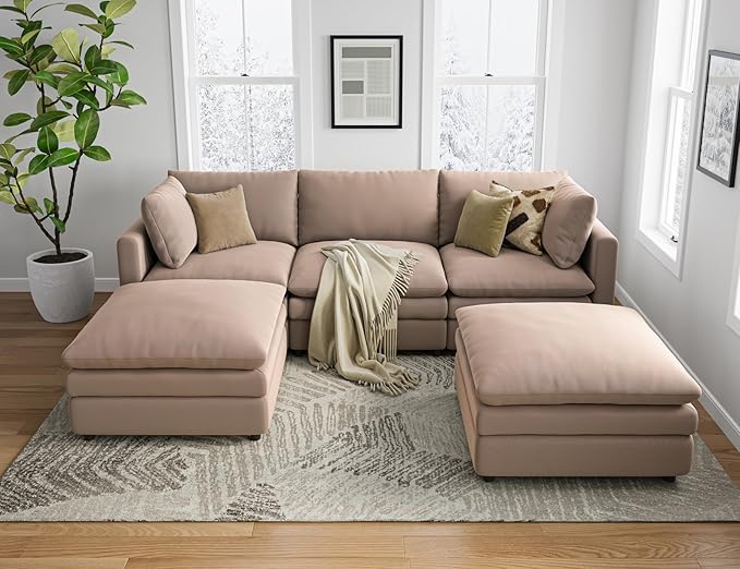 Sectional Couches for Living Room U Shaped Cloud Couch with Ottoman Deep Plush 5 Seats Sofa Modern Sofa for Apartment Brown