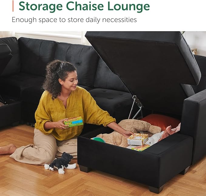 HONBAY Sectional Sleeper Sofa with Pull Out Bed Sleeper Sectional Couch for Living Room Sleeper Sofa Bed with Storage Chaise Velvet Black