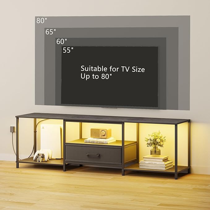 TV Stand with LED Lights Entertainment Center with Open Shelves and Fabric Drawer Media Console for 80 Inch TV Television Stands for Living Room Bedroom Black