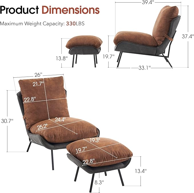 MCombo Modern Accent Chair with Ottoman Leathaire Fabric Armless Chair Upholstered Leisure Chairs for Small Space Living Room &amp Bedroom LW951 (Saddle)