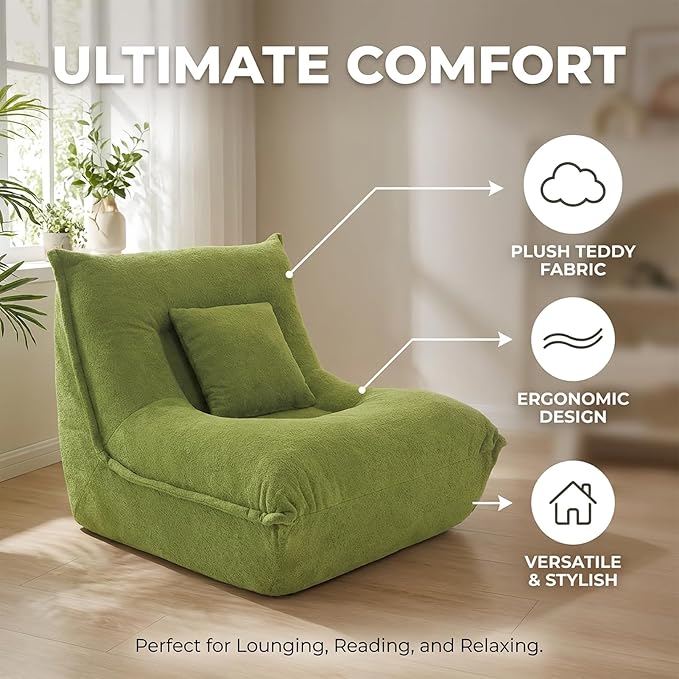 Chaise Lounge Chair - Modern Single Seater Floor Sofa with Pillow Memory Foam Filled Compressed Sofa for Bedroom Game Living Room - Comfortable Ergonomic Lounger No Assembly Needed Green