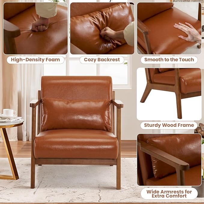 MOJAY Modern Accent Chair with Ottoman PU Leather Upholstered Armchair Living Room Chair for Bedroom Balcony Reception