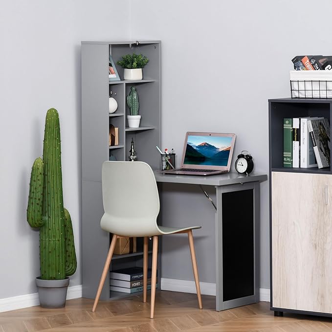 Foldable Wall Mount Desk Cabinet with Writing Blackboard and Storage Shelf - Grey - Compact Home Office Workstation