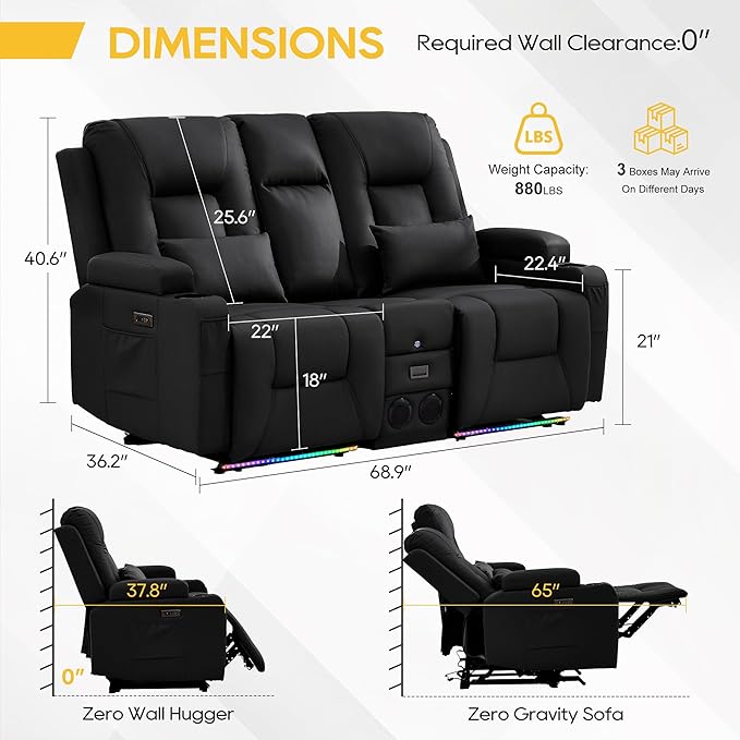 IPKIG Power Recliner Loveseat with Console Zero Wall Hugger Sofa Couch Faux Leather 2-Seater Sofa with LED Lights AC Outlets USB Ports Cup Holders Charcoal Black | Storage Drawer Bluetooth Spea