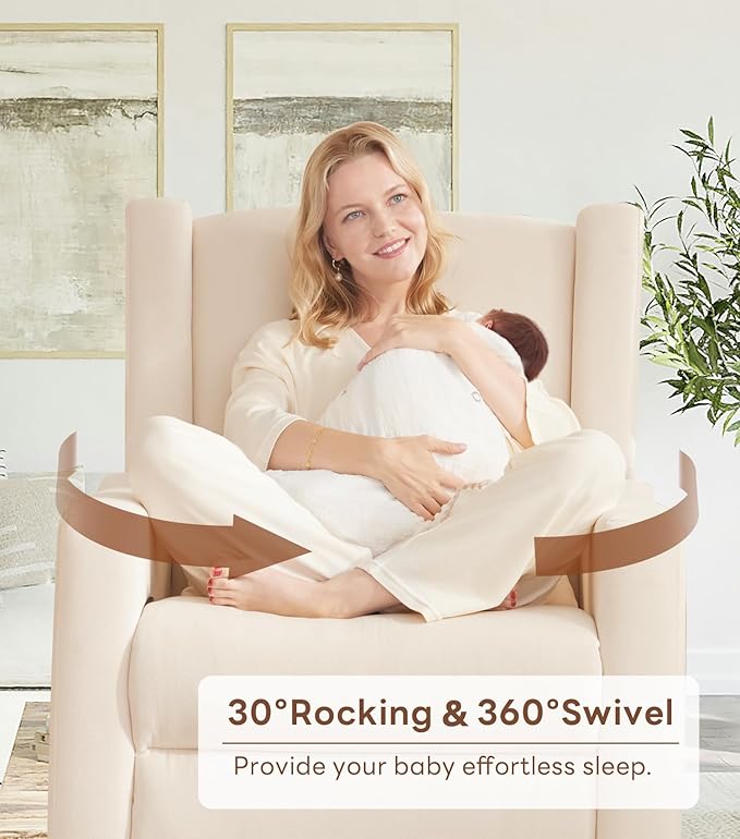 Tbfit 360° Swivel Recliner Chair Nursery Rocking Chair with Lumbar Support &amp Footrest for Bedroom Comfy Upholstered Armchair with Pillows &amp Storage Bag for Living Room (Beige Hidden Ring Ha
